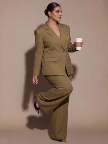 SHEIN BAE CURVE 大尺碼女款鈕扣長袖夾克休閒長褲套裝，商務休閒西裝外套與長褲套裝，純綠色秋季套裝，萬聖節 - 卡其色 - 查看 7
