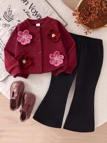 SHEIN Playful Pals 女童羅紋長袖開襟外套大花裝飾純色喇叭褲2件套 秋冬休閒日常穿搭 - 酒紅色 - 查看 4