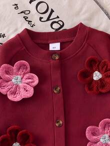 SHEIN Playful Pals 女童羅紋長袖開襟外套大花裝飾純色喇叭褲2件套 秋冬休閒日常穿搭 - 酒紅色 - 查看 7