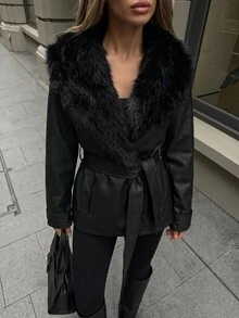 Cloudara Women's Black Jacket With Faux Fur Collar And Belted Waist - الأسود - مشاهدة 4