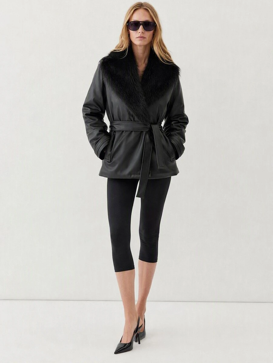 Cloudara Women's Black Jacket With Faux Fur Collar And Belted Waist - الأسود - مشاهدة 1