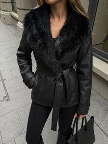 Cloudara Women's Black Jacket With Faux Fur Collar And Belted Waist - الأسود - مشاهدة 3