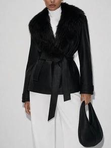 Cloudara Women's Black Jacket With Faux Fur Collar And Belted Waist - الأسود - مشاهدة 6
