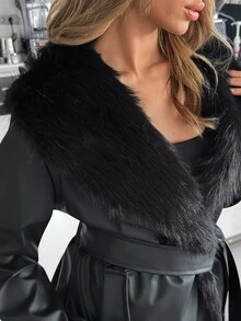 Cloudara Women's Black Jacket With Faux Fur Collar And Belted Waist - الأسود - مشاهدة 2