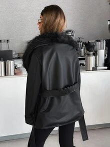 Cloudara Women's Black Jacket With Faux Fur Collar And Belted Waist - الأسود - مشاهدة 7