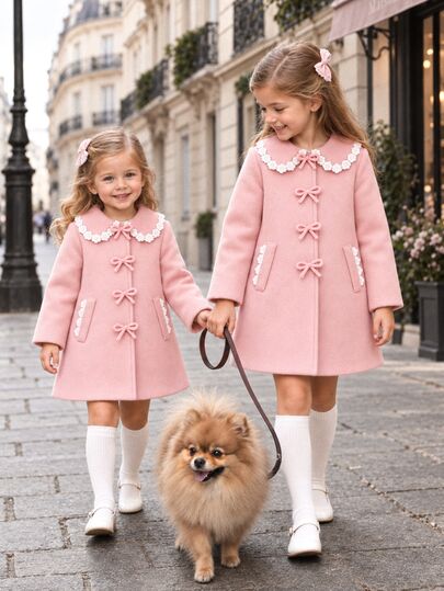 Elladie kids جاكيت كارديجان صوف للفتيات الصغيرات، مزين بحافة دانتيل زهرية وياقة بيتر بان مع فيونكة، إطلالة أنيقة وجميلة لضيفة حفل زفاف في فصل الخريف