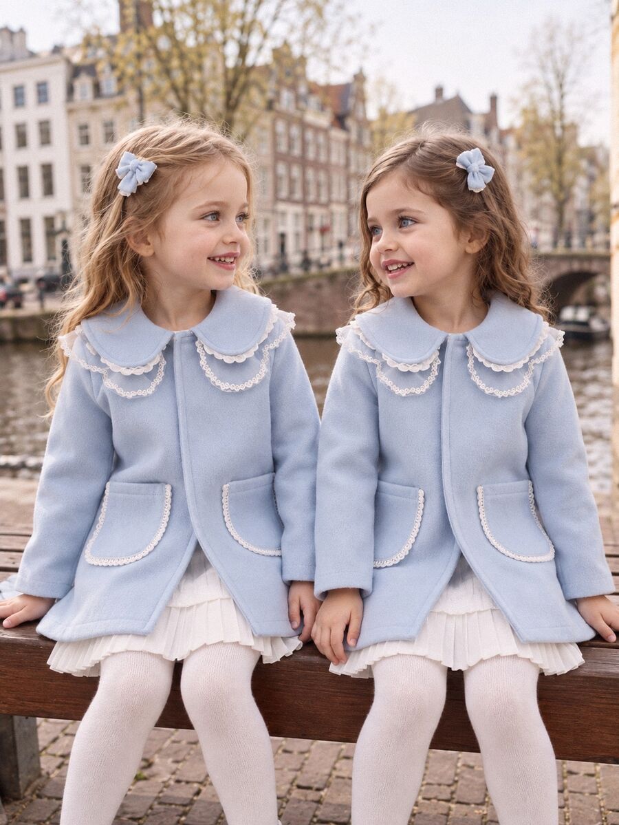 Elladie kids 女童羊毛針織開襟外套,時尚網紗蕾絲領,適合日常穿搭,復古優雅可愛風,秋季長袖上衣秋裝 - 淺藍色 - 查看 1