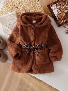 Genkimix Kids Young Girl Long Sleeve Single-Breasted Waist Tie Hooded Jacket - Brown - View 9
