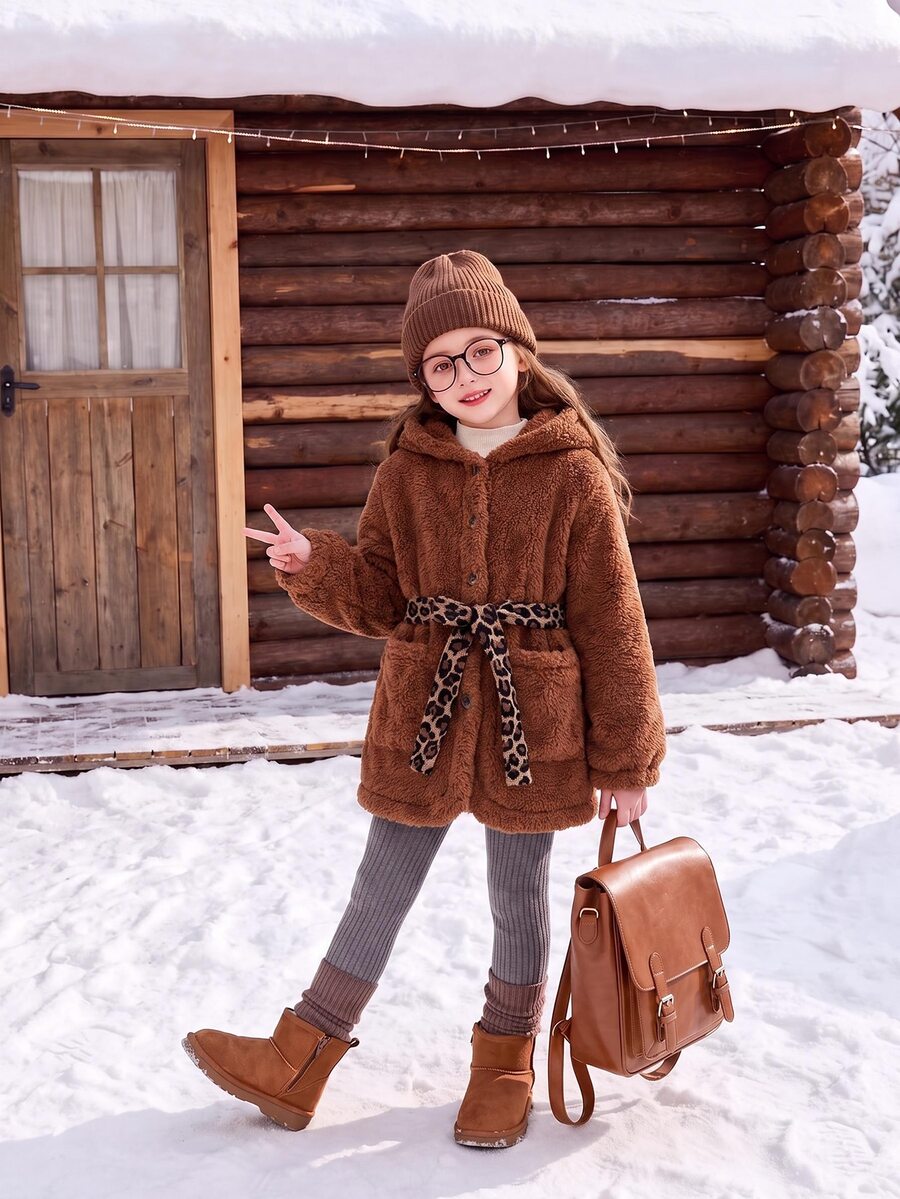 Genkimix Kids Young Girl Long Sleeve Single-Breasted Waist Tie Hooded Jacket - Brown - View 1