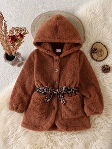 Genkimix Kids Young Girl Long Sleeve Single-Breasted Waist Tie Hooded Jacket - Brown - View 5