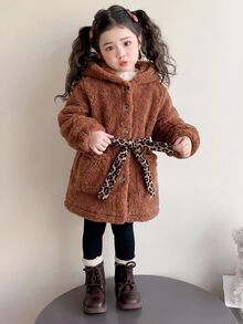 Genkimix Kids Young Girl Long Sleeve Single-Breasted Waist Tie Hooded Jacket - Brown - View 4