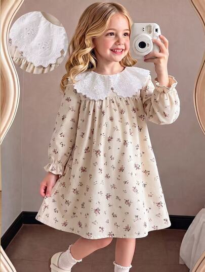 SHEIN Genkimix Kids Girls' Autumn Ditsy Floral Loose Fit Long Sleeve Dress With Elastic Cuffs, Exquisite Collar, Back Opening, Preppy Fairy Princess Bride Wedding Brown