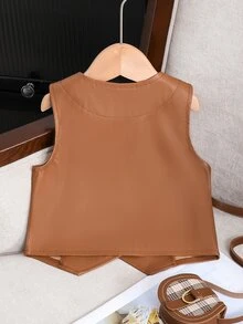 SHEIN Young Girl Solid Color Tassel Decor Sleeveless V-Neck Vest Jacket Autumn Fall - Brown - View 3