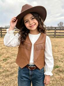SHEIN Young Girl Solid Color Tassel Decor Sleeveless V-Neck Vest Jacket Autumn Fall - Brown - View 5