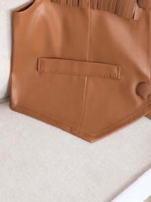 SHEIN Young Girl Solid Color Tassel Decor Sleeveless V-Neck Vest Jacket Autumn Fall - Brown - View 6