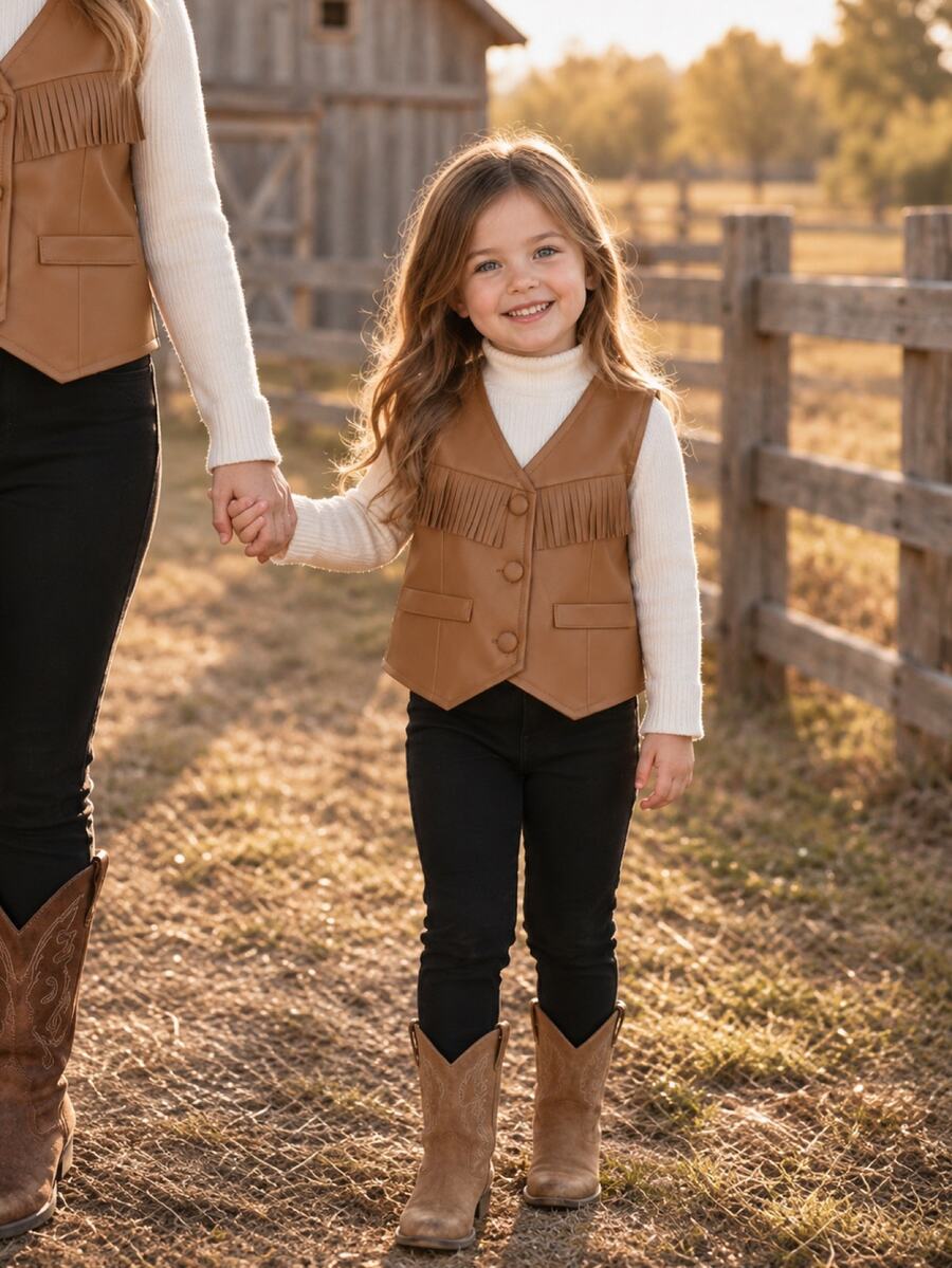 SHEIN Young Girl Solid Color Tassel Decor Sleeveless V-Neck Vest Jacket Autumn Fall