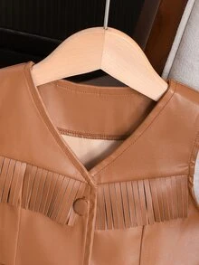SHEIN Young Girl Solid Color Tassel Decor Sleeveless V-Neck Vest Jacket Autumn Fall - Brown - View 7