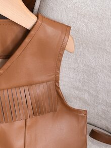 SHEIN Young Girl Solid Color Tassel Decor Sleeveless V-Neck Vest Jacket Autumn Fall - Brown - View 9