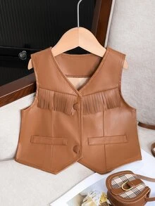 SHEIN Young Girl Solid Color Tassel Decor Sleeveless V-Neck Vest Jacket Autumn Fall - Brown - View 8