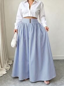 Elenzga Plus Size Women Casual Striped High Waist Wide Leg Pants/Culottes, Suitable For Spring & Summer Fall - Blue and White - View 6