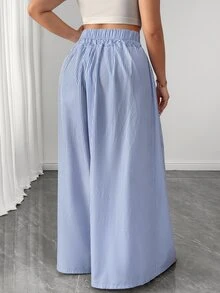 Elenzga Plus Size Women Casual Striped High Waist Wide Leg Pants/Culottes, Suitable For Spring & Summer Fall - Blue and White - View 2