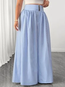 Elenzga Plus Size Women Casual Striped High Waist Wide Leg Pants/Culottes, Suitable For Spring & Summer Fall - Blue and White - View 1