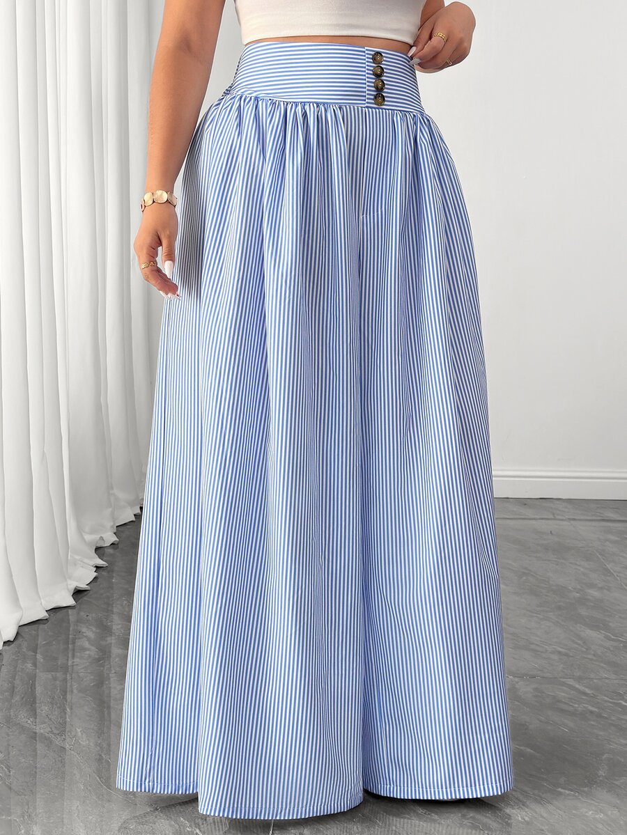 Elenzga Plus Size Women Casual Striped High Waist Wide Leg Pants/Culottes, Suitable For Spring & Summer Fall - Blue and White - View 1