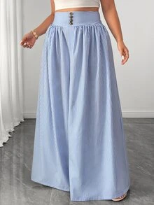 Elenzga Plus Size Women Casual Striped High Waist Wide Leg Pants/Culottes, Suitable For Spring & Summer Fall - Blue and White - View 3