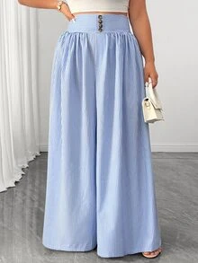 Elenzga Plus Size Women Casual Striped High Waist Wide Leg Pants/Culottes, Suitable For Spring & Summer Fall - Blue and White - View 4