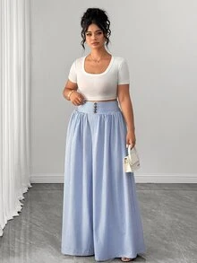 Elenzga Plus Size Women Casual Striped High Waist Wide Leg Pants/Culottes, Suitable For Spring & Summer Fall - Blue and White - View 5