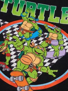 TEENAGE MUTANT NINJA TURTLES | SHEIN 小男孩字母卡通印花圓領短袖T恤與短褲休閒日常套裝 - 黑色 - 查看 3