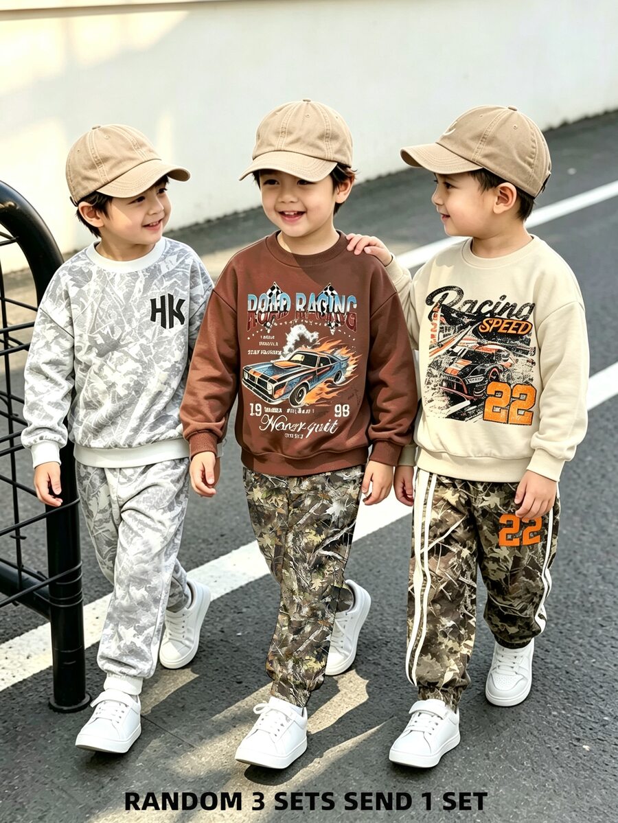 Young Boys Sweatshirt Set Vintage Pink Racing Print Long Sleeve Crew Neck School Autumn Back To School,1 Random Set Birthday Ring Bearer - Multicolor - View 1