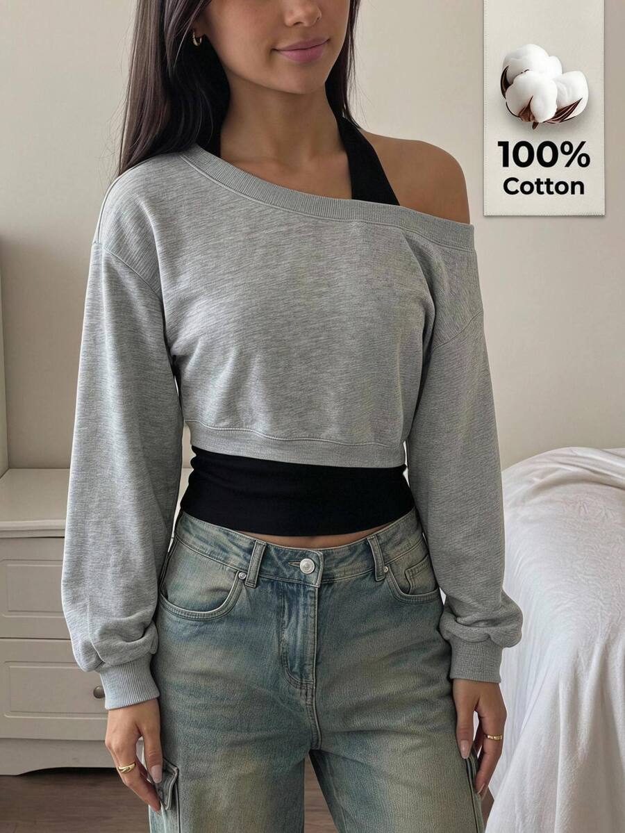 SHEIN 女童灰色花卉拼色套頭運動衫上衣 2合1設計 收腰百褶寬鬆休閒百搭街頭風 日常校園返校穿搭 秋冬兒童女童運動衫 - 淺灰色 - 查看 1