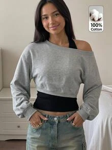 SHEIN 少女灰色碎花撞色套頭衛衣，假兩件式設計，收腰褶皺寬鬆休閒百搭街頭風，日常上學秋冬必備衛衣，灰色碎花兒童衛衣，女童衛衣 - 淺灰色 - 查看 6