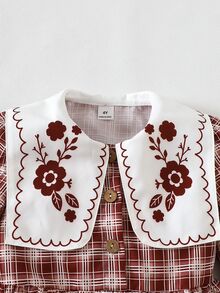 SHEIN 小女孩秋季風格大翻領酒紅格紋洋裝 7歲生日 母女套裝 仙女風 感恩節 長袖 嬰兒洗禮公主風 - 酒紅色 - 查看 9