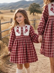SHEIN 小女孩秋季風格大翻領酒紅格紋洋裝 7歲生日 母女套裝 仙女風 感恩節 長袖 嬰兒洗禮公主風 - 酒紅色 - 查看 1