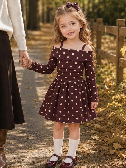 Girls Polka Dot Square Neck Long Sleeve Dress, Cinched Waist Pleated A-Line Skirt, Children's Autumn Fashion Casual Party Dress