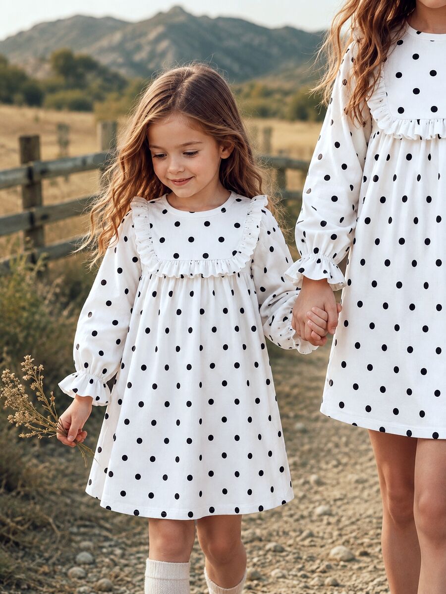 SHEIN Elladie kids 女童荷葉邊拼接波點洋裝 白色長袖 7歲生日新娘風 秋季仙女公主裙 - 白色 - 查看 1