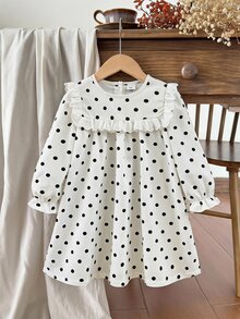 SHEIN Elladie kids 女童荷葉邊拼接波點洋裝 白色長袖 7歲生日新娘風 秋季仙女公主裙 - 白色 - 查看 6