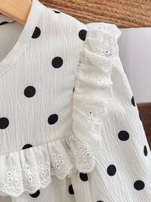 SHEIN Elladie kids 女童荷葉邊拼接波點洋裝 白色長袖 7歲生日新娘風 秋季仙女公主裙 - 白色 - 查看 5