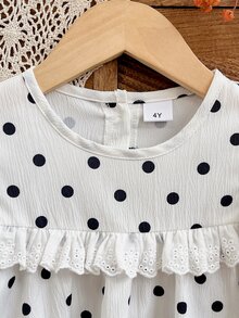 SHEIN Elladie kids 女童荷葉邊拼接波點洋裝 白色長袖 7歲生日新娘風 秋季仙女公主裙 - 白色 - 查看 8