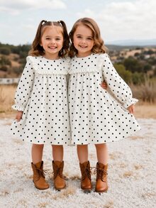SHEIN Elladie kids 女童荷葉邊拼接波點洋裝 白色長袖 7歲生日新娘風 秋季仙女公主裙 - 白色 - 查看 3