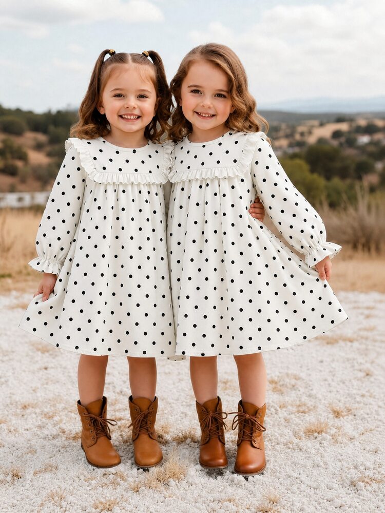 SHEIN Elladie kids Young Girls Ruffle Patchwork Polka Dot Dresses White Long Sleeve 7th Birthday Bride Autumn Fairy Princess - White - View 3
