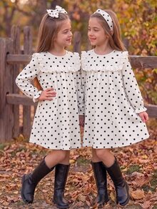SHEIN Elladie kids 女童荷葉邊拼接波點洋裝 白色長袖 7歲生日新娘風 秋季仙女公主裙 - 白色 - 查看 4