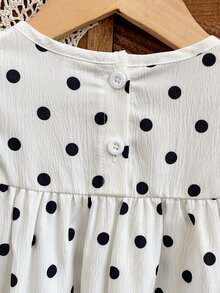 SHEIN Elladie kids 女童荷葉邊拼接波點洋裝 白色長袖 7歲生日新娘風 秋季仙女公主裙 - 白色 - 查看 7