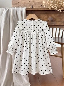 SHEIN Elladie kids 女童荷葉邊拼接波點洋裝 白色長袖 7歲生日新娘風 秋季仙女公主裙 - 白色 - 查看 2