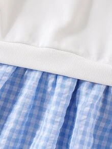 小女孩卡通圖案格紋拼接休閒公主仙女日常 7 歲生日婚禮秋季洋裝 彩虹藍，新款秋季款式，校園 - 白色 - 查看 8