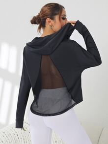 Solea Cove Solea Cove Women's Hooded Zip-Up Contrast Mesh Design Sports Jacket - Black - View 3
