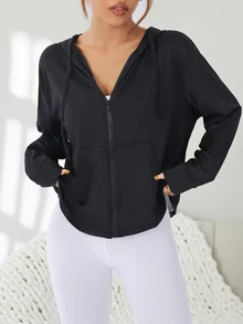 Solea Cove Solea Cove Women's Hooded Zip-Up Contrast Mesh Design Sports Jacket - Black - View 2