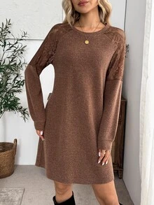 EMERY ROSE Women's Solid Color Casual Daily Autumn Travel Dress Brunch Coffee Brown - Brown - View 7